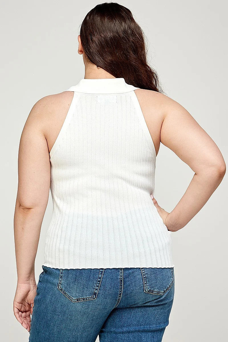 Plus Size, Solid Ribbed Knit Polo Sleeveless Top