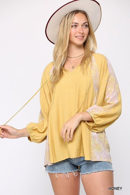 Solid Crinkle And Print Mix Raglan Sleeve Top With Tassel Tie