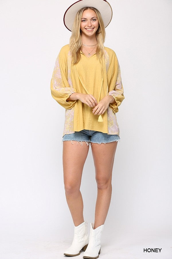 Solid Crinkle And Print Mix Raglan Sleeve Top With Tassel Tie