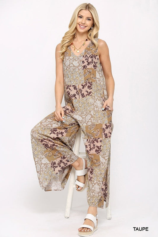 Rayon Gauze Patchwork Print Sleeveless Jumpsuit