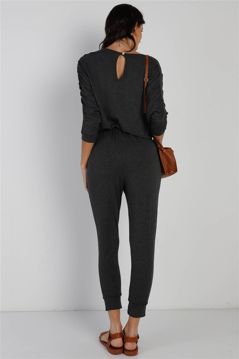 Ruched Detail Dolman Midi Sleeve Fitted Waistline Jumpsuit