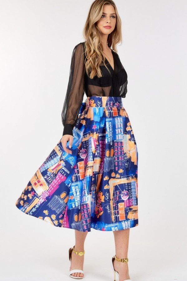 A-line Midi Skirt With Blue Print