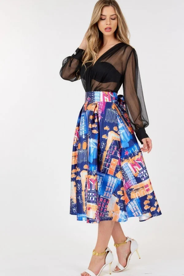 A-line Midi Skirt With Blue Print