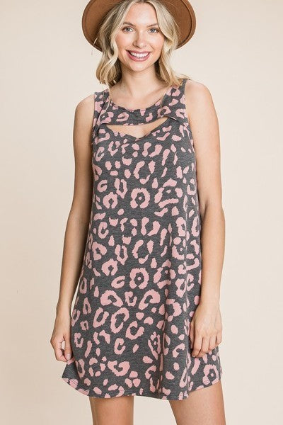 Cute Animal Print Cut Out Neckline Sleeveless Tunic Dress