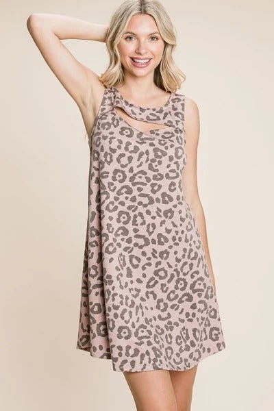 Cute Animal Print Cut Out Neckline Sleeveless Tunic Dress