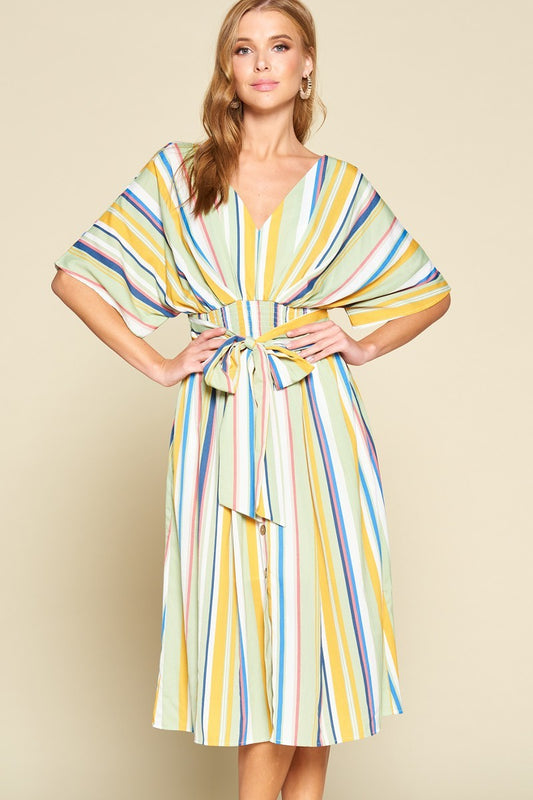 Multi-colored Striped Woven Button-down Midi Dress