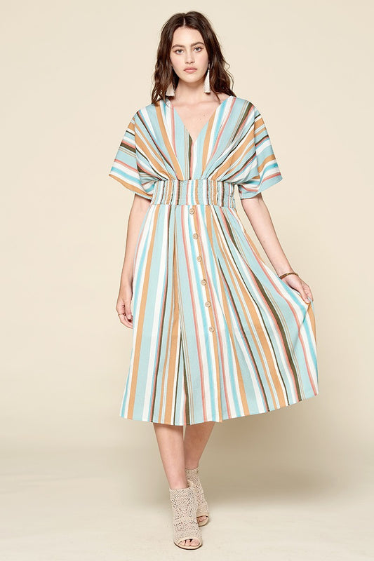 Multi-colored Striped Woven Button-down Midi Dress