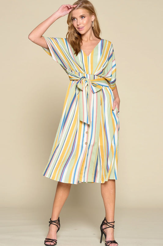 Multi-colored Striped Woven Button-down Midi Dress