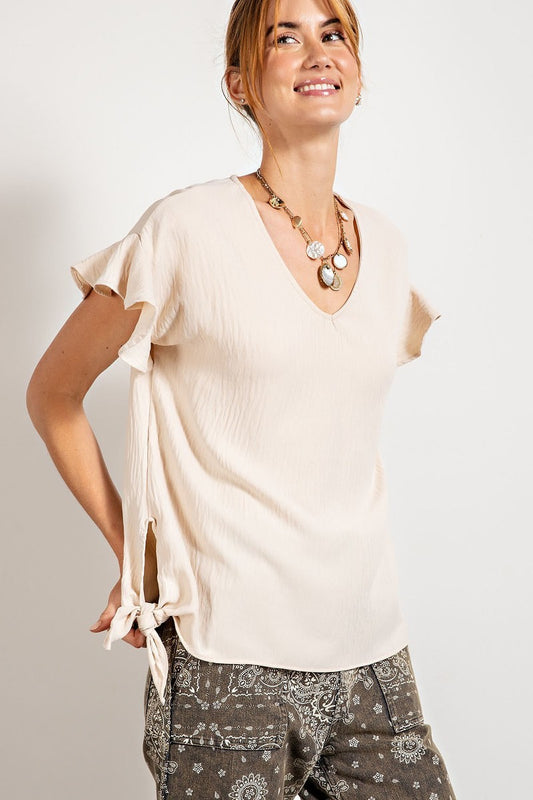 V Neckline Wing Sleeves Woven Top