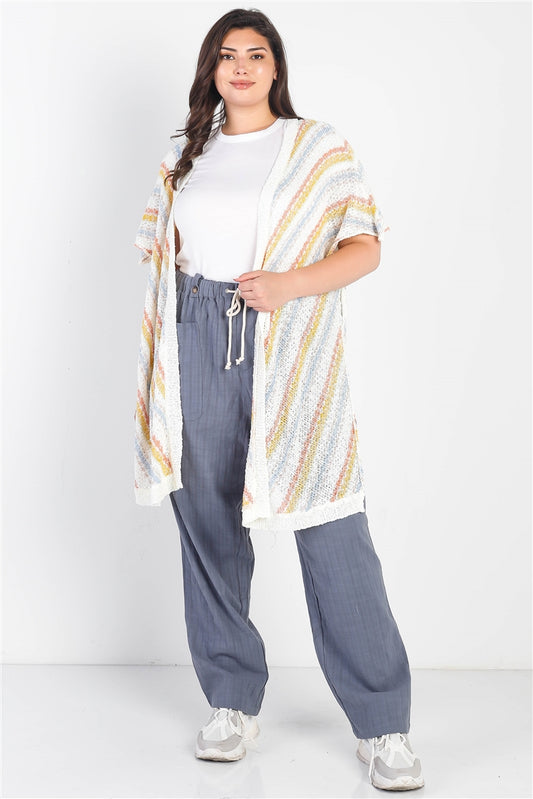 Plus White Multi Color Open Front Self-tie Detail Cardigan