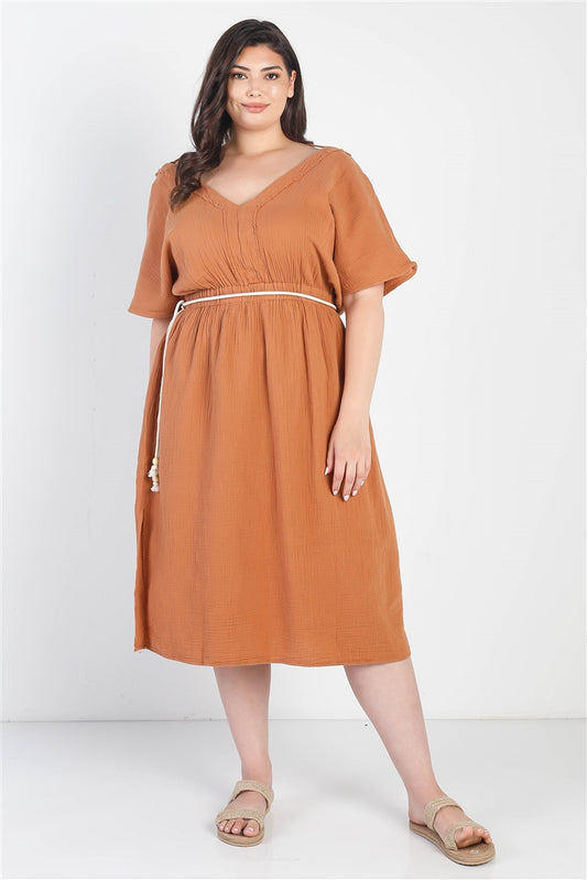 Plus Sand Textured Trim V-neck Belted Midi Dress