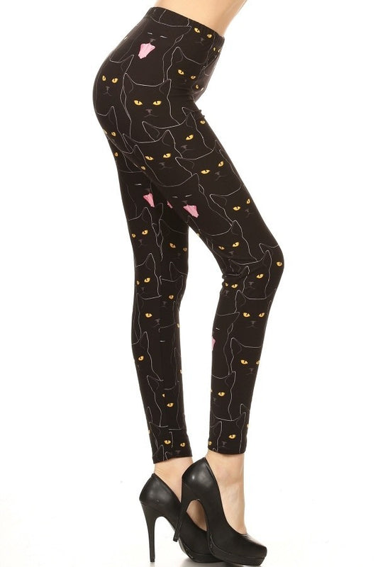 Black Cats Printed, High Waisted Leggings In A Fit Style, With An Elastic Waistband