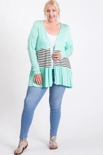 Striped Solid Long Sleeve Cardigan With An Open Front And Gathered Layers.