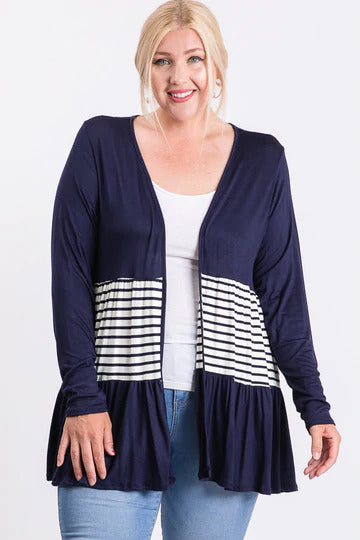 Striped Solid Long Sleeve Cardigan With An Open Front And Gathered Layers.