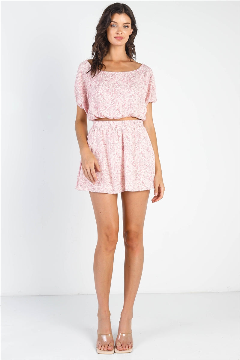 Cream & Pink Paisley Print Textured Crop Top & Mini Skirt Set