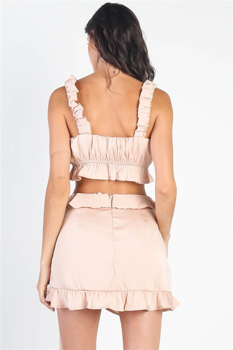 Dusty Peach Satin Effect Ruched Bust Top & Wrap Mini Skirt Set