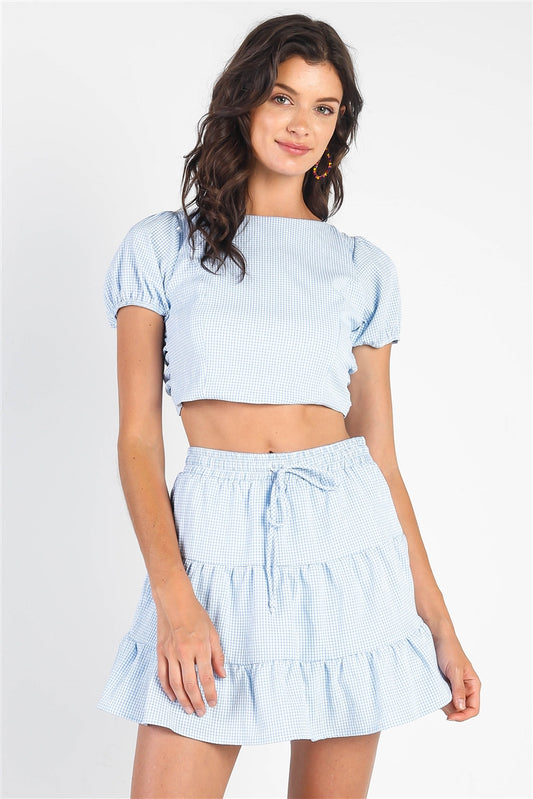 Light Blue & White Plaid Crop Top & High Waist Flare Skirt Set