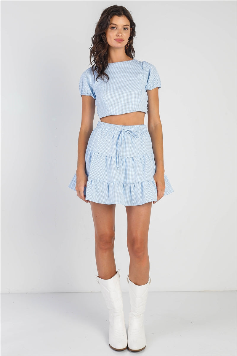 Light Blue & White Plaid Crop Top & High Waist Flare Skirt Set