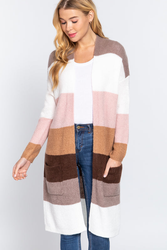 Open Front Color Block Cardigan