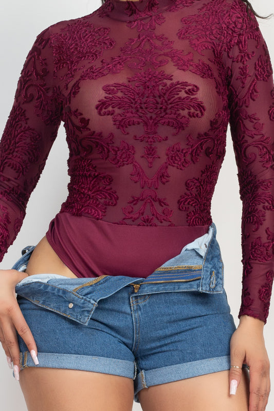 Embroidered Mock Neck Keyhole Bodysuit