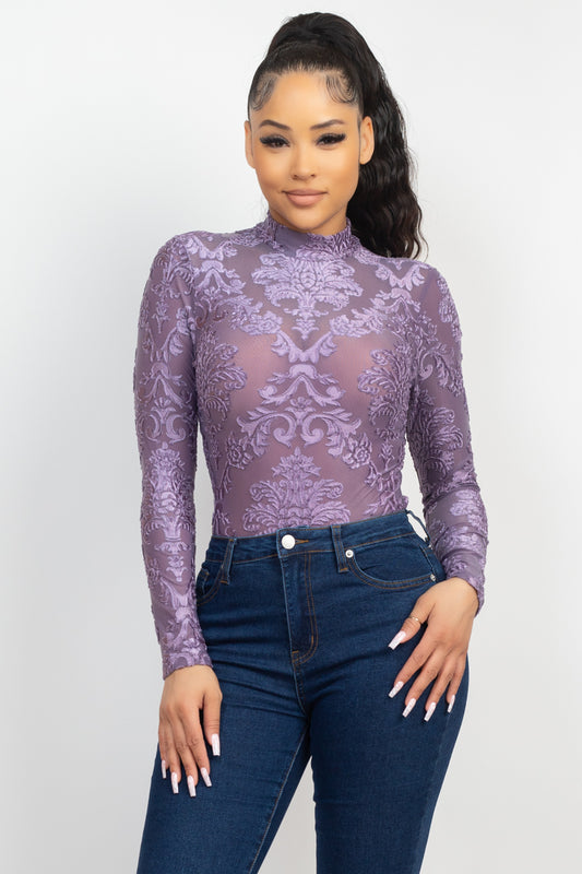 Embroidered Mock Neck Keyhole Bodysuit