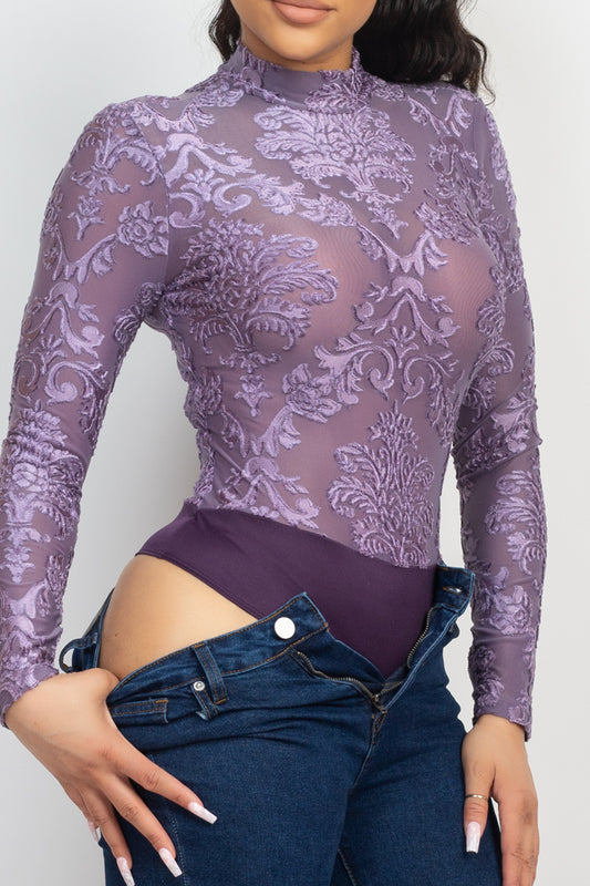 Embroidered Mock Neck Keyhole Bodysuit