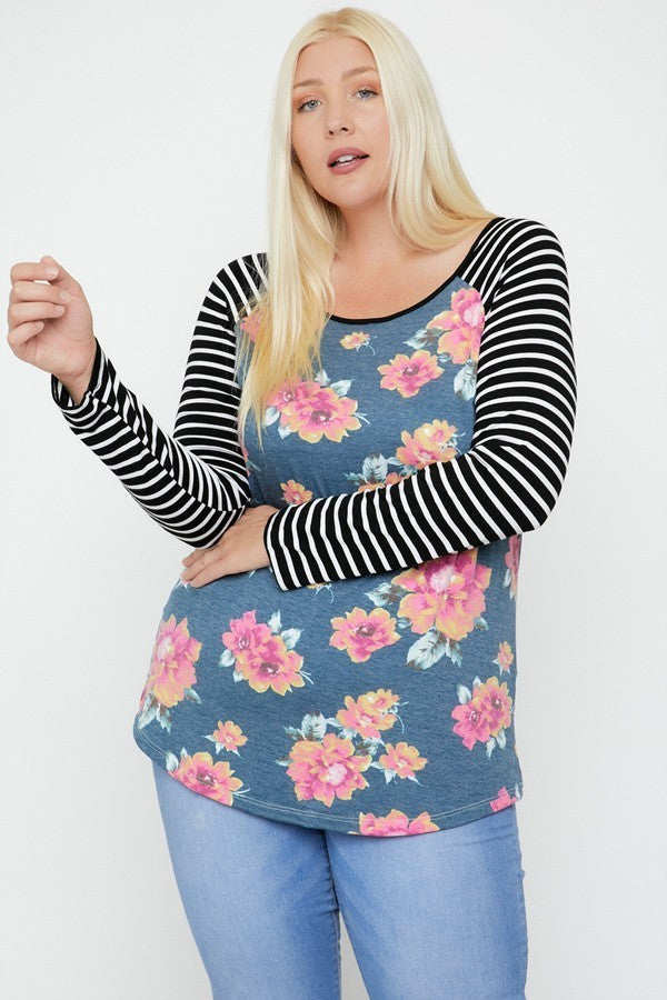 Floral Top Featuring Raglan Style Striped Sleeves And A Round Neck