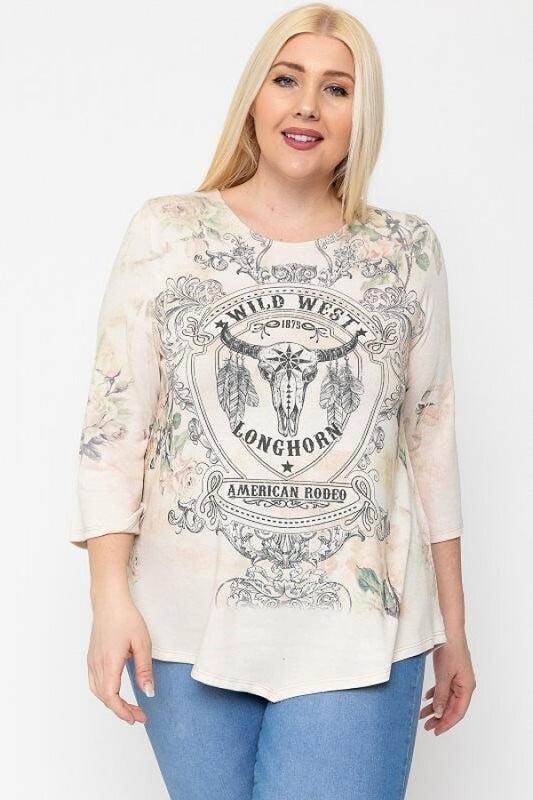 Print Top Featuring A Round Neckline And 3/4 Bell Sleeves