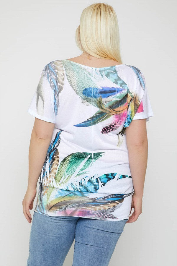 Flutter Sleeve Top Featuring A Multicolored Feather