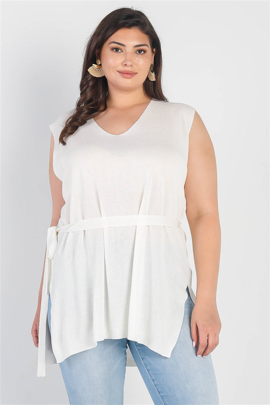 Plus White Knit Belted V-neck Sleeveless Top