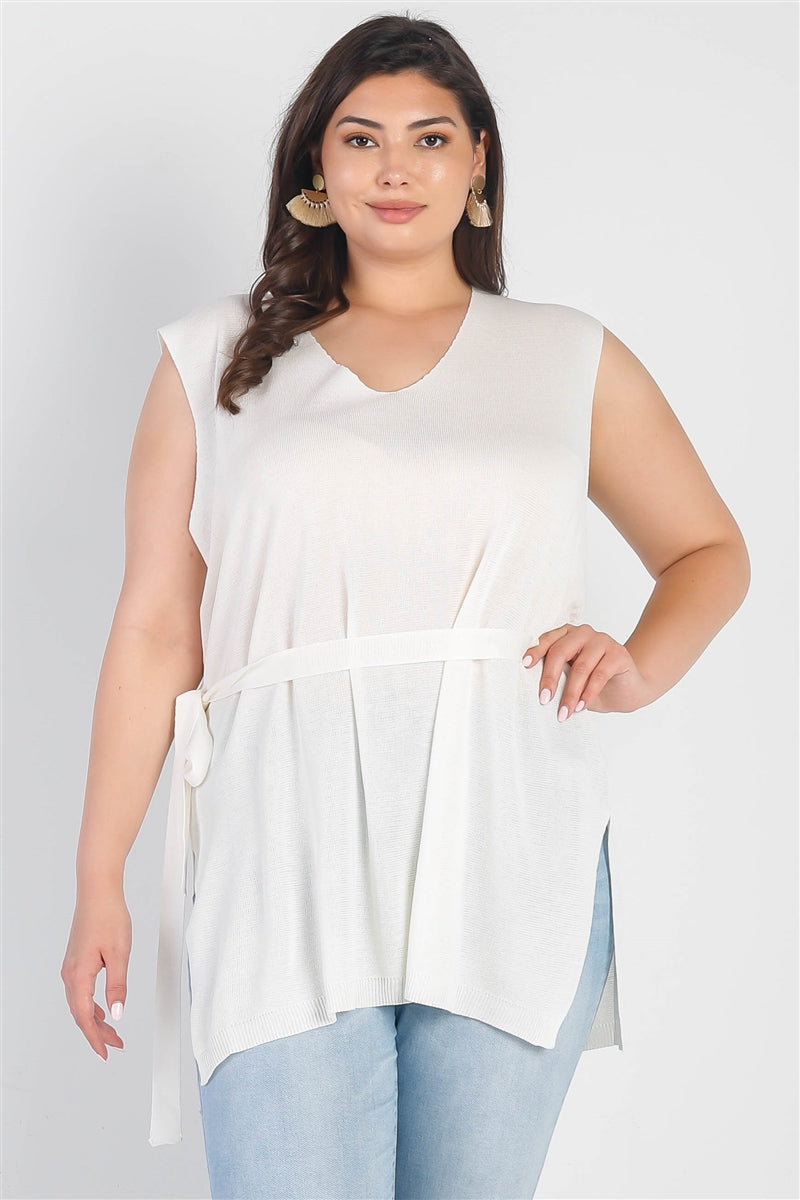 Plus White Knit Belted V-neck Sleeveless Top