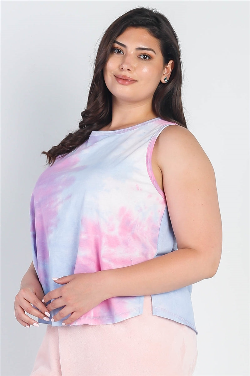 Plus Tie-dye Round Neck Sleeveless Top