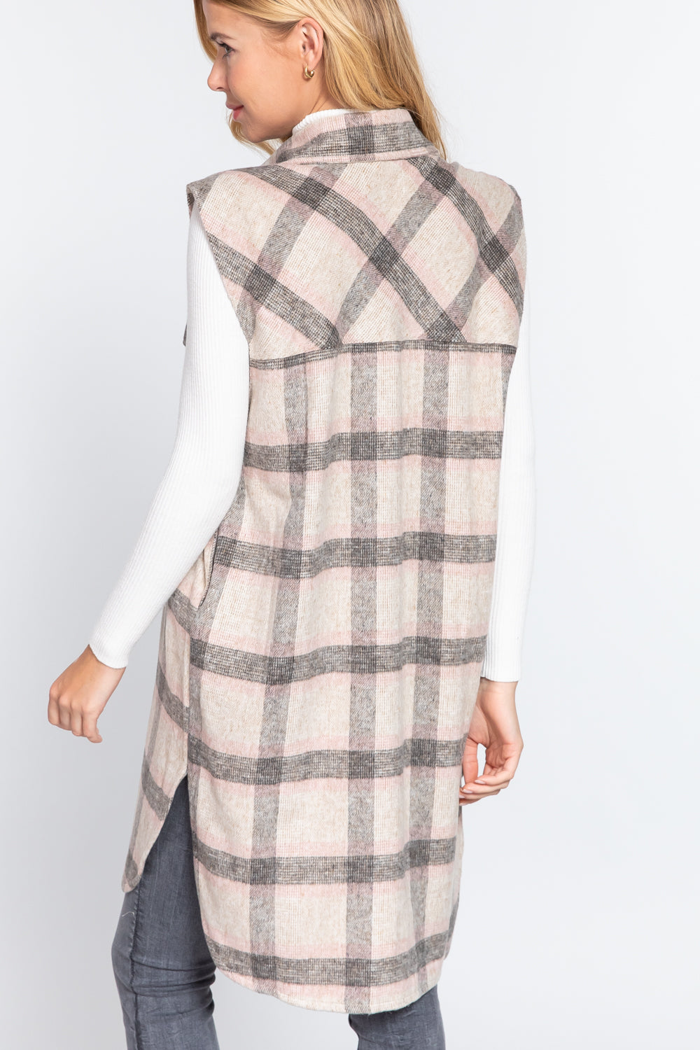 Notched Collar Brushed Plaid Vest