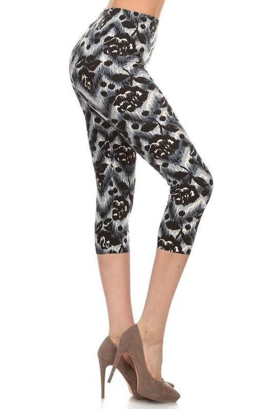 Multi-color Print, Cropped Capri Leggings In A Fitted Style With A Banded High Waist