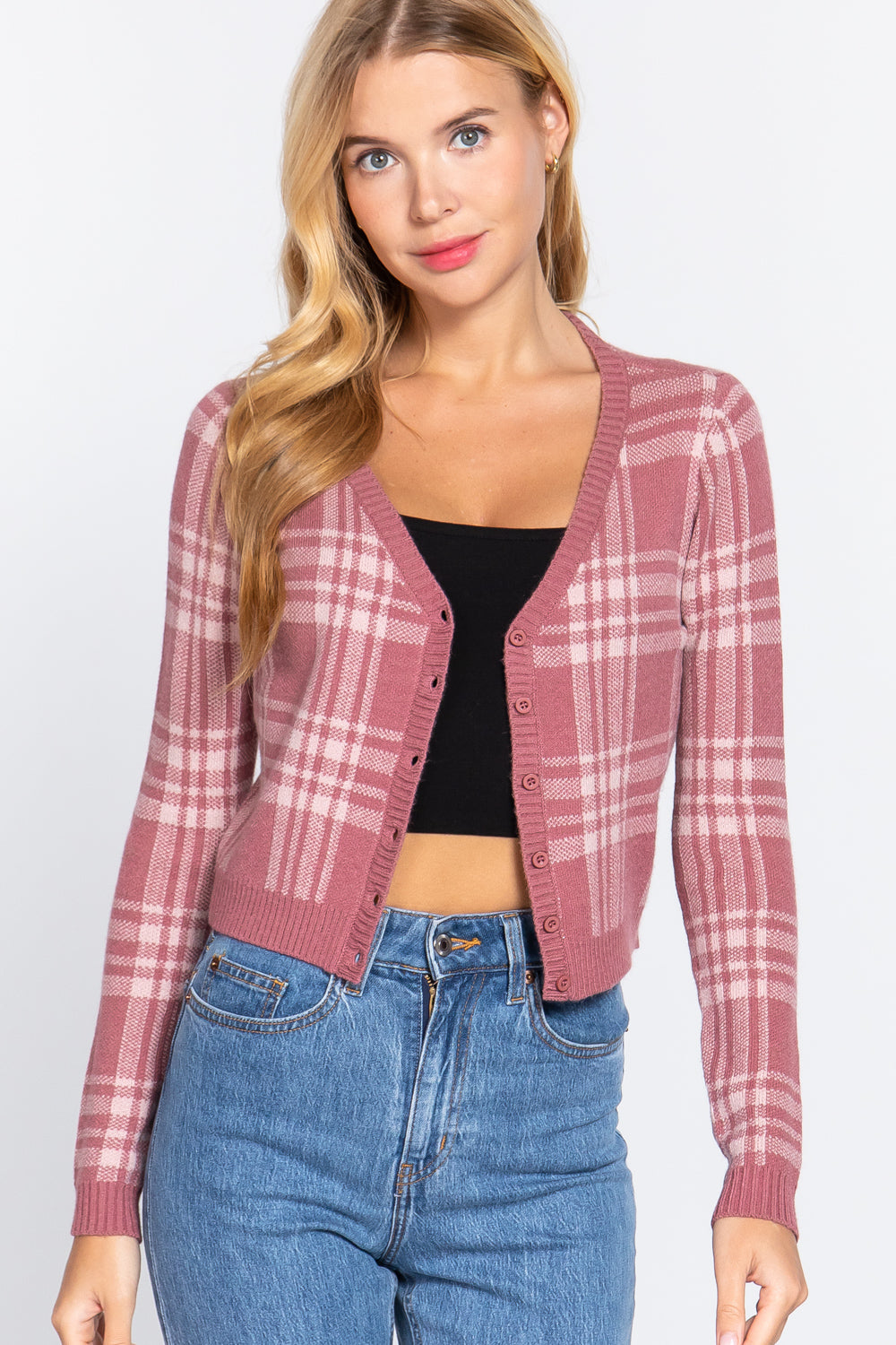 Long Sleeve V-neck Fitted Button Down Plaid Sweater Cardigan