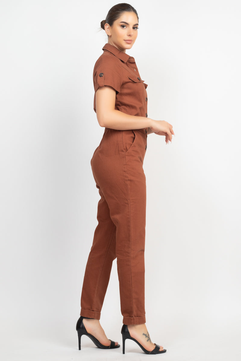 Collared Button-front Jumpsuit