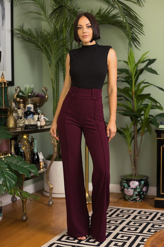 High Waist Pants With Self Fabric Buckle Detail On The Waist