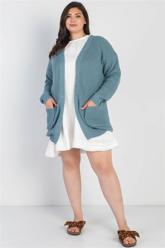 Plus Emerald Blue Knit Open Front Two Pocket Cardigan