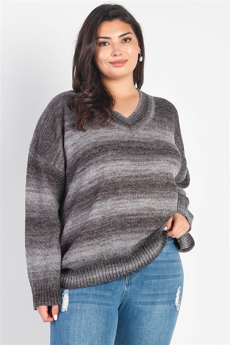 Plus Grey & Black Gradient Knit V-neck Sweater