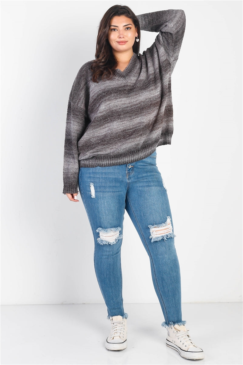 Plus Grey & Black Gradient Knit V-neck Sweater