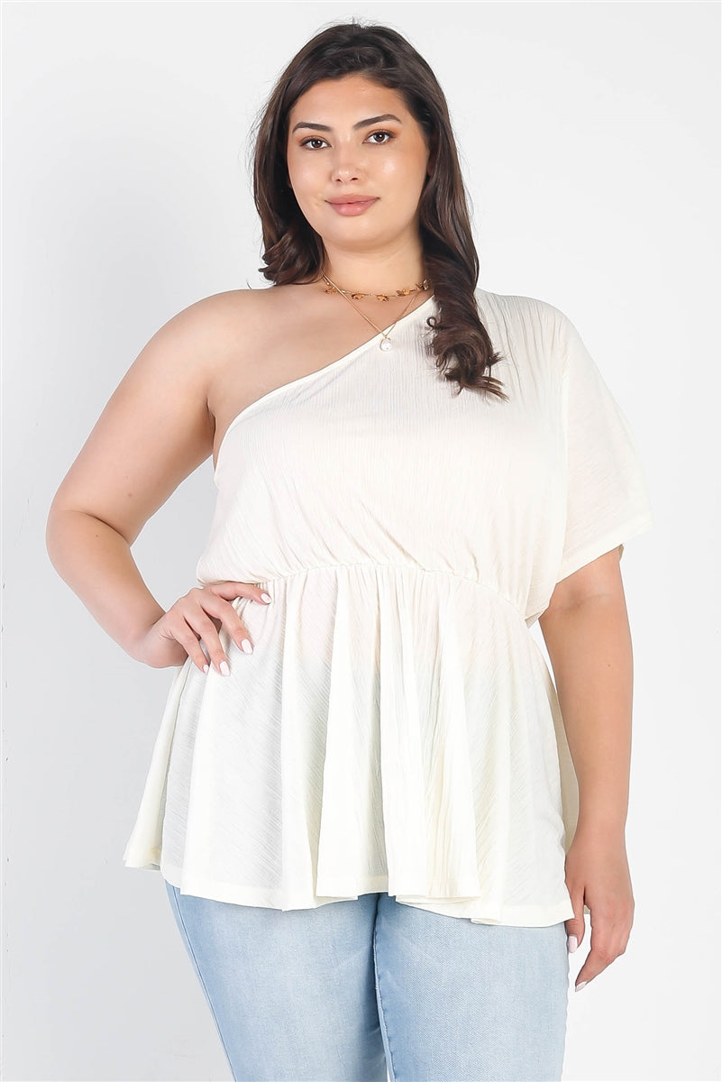 Plus Cream Textured One Shoulder Elasticized Waist Flare Hem Top