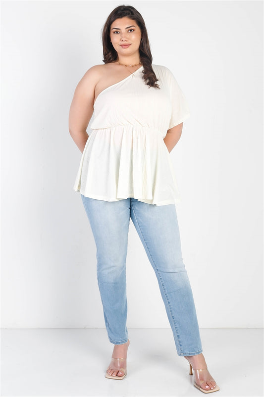 Plus Cream Textured One Shoulder Elasticized Waist Flare Hem Top