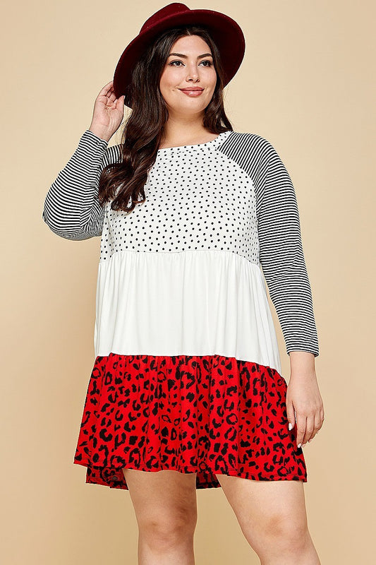 Plus Size Cute Polka Dot And Animal Print Contrast Swing Tiered Dress