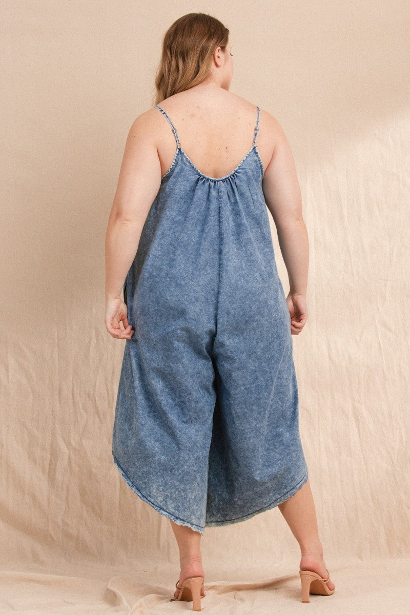 Washed Denim Spaghetti Strap Jumpsuit