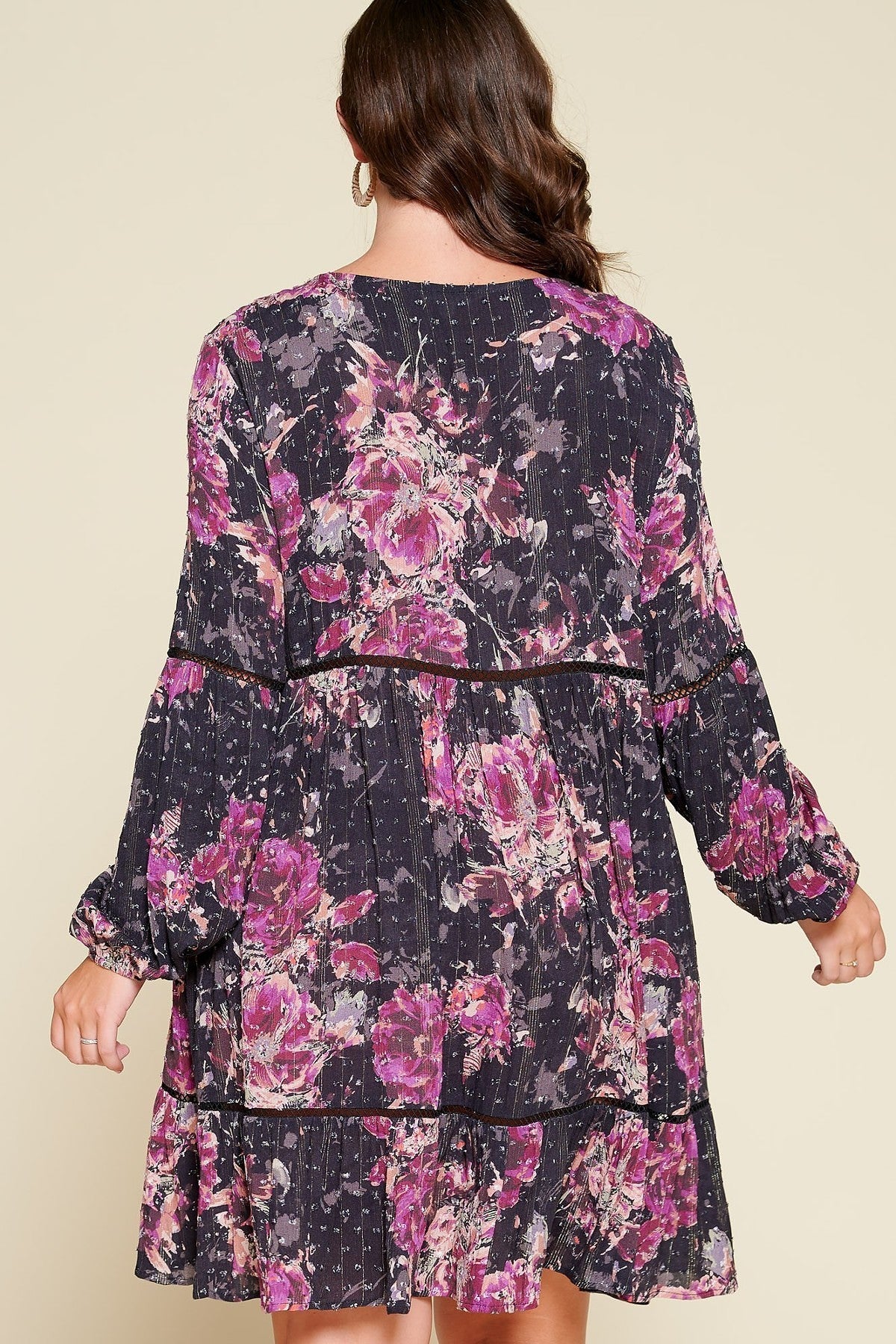 Floral Swiss Dot Knit Dress Featuring Long Sleeves, V-neckline And Tiered Layers.