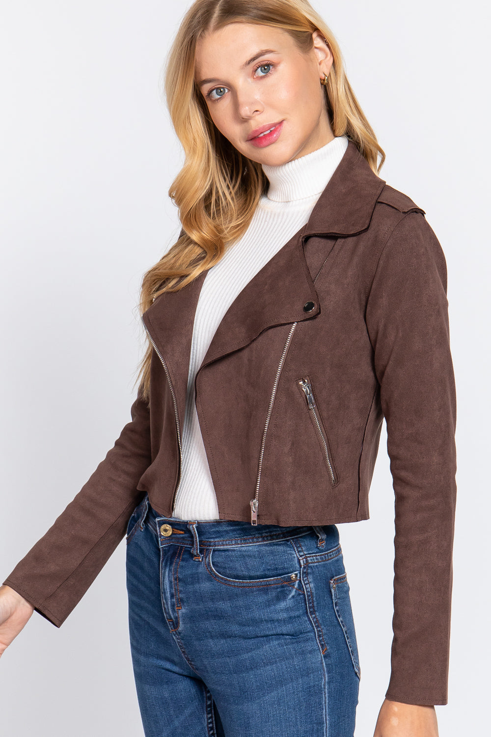 Long Slv Biker Faux Suede Short Jacket