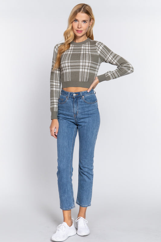 Long Slv Check Crop Sweater