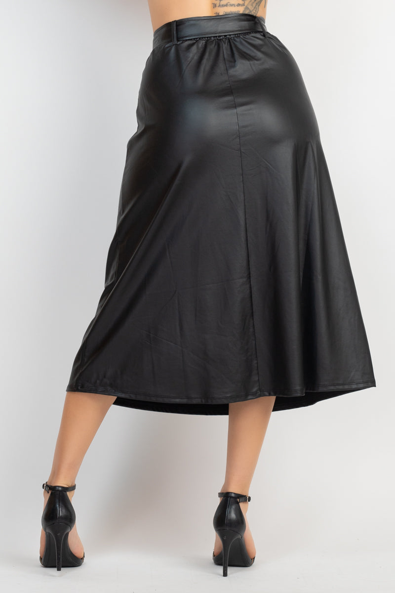 Faux Leather Belted A-line Skirt