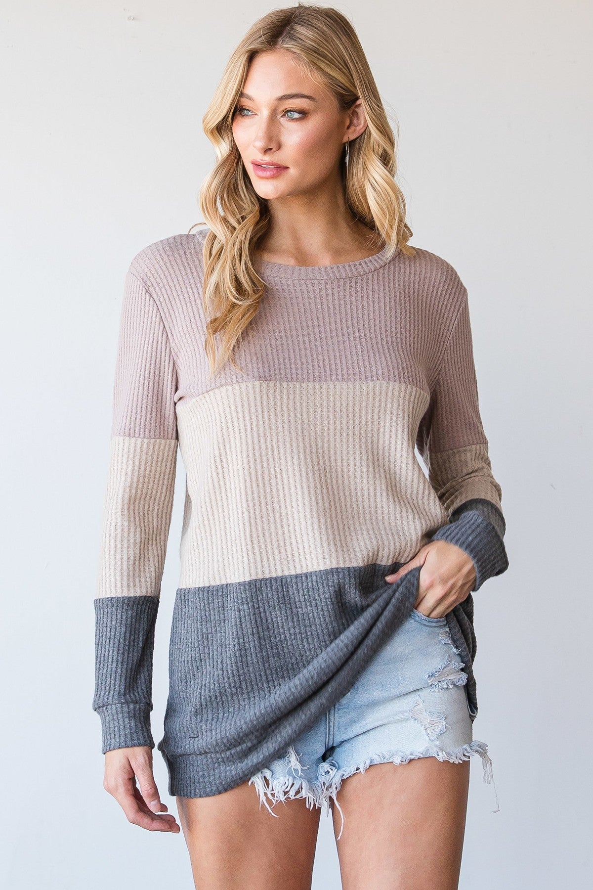 Neutral Color Block Design Waffle Top