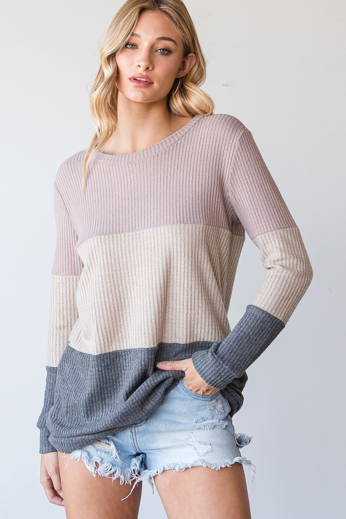 Neutral Color Block Design Waffle Top